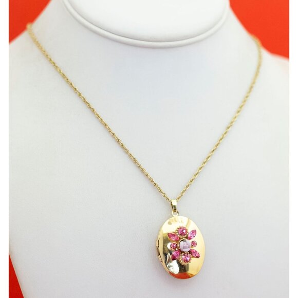 24 inch, Vintage Oval Pink Rhinestones Floral Locket Necklace - F37 - Picture 2 of 3